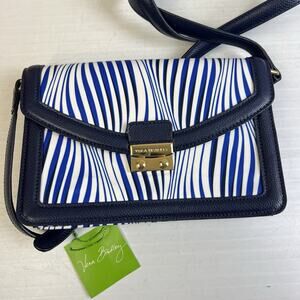 Vera Bradley Tess Crossbody Wavy Stripe Navy Blue Vinyl Leather Trim Preppy